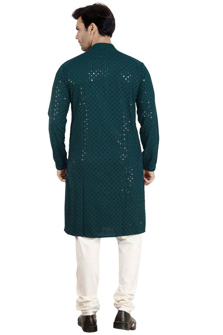 Men's Bottel Green Rayon Cotton Sequin Embroidery Kurta Pajama Set