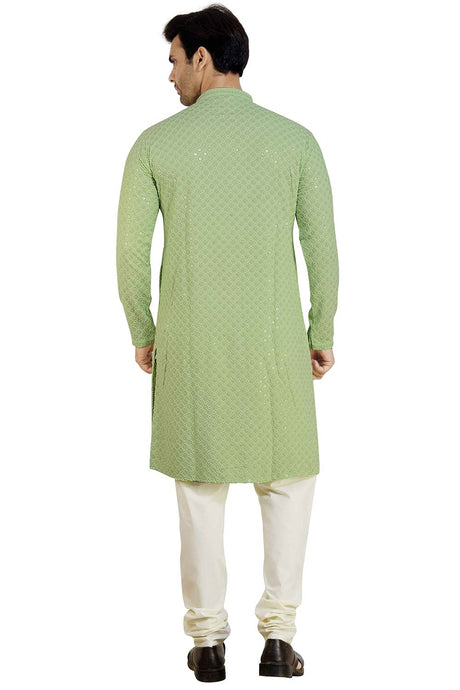 Men's Pista Green Rayon Cotton Sequin Embroidery Kurta Pajama Set