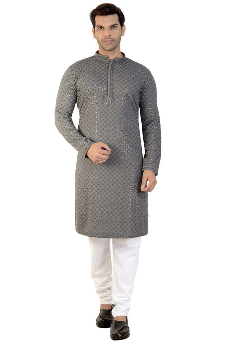 Buy Men's Rayon Cotton Sequin Embroidered Kurta Churidar in Grey - Front