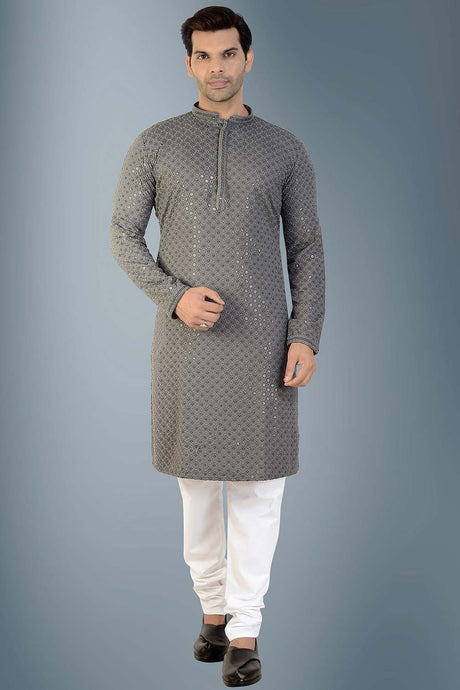 Buy Men's Rayon Cotton Sequin Embroidered Kurta Churidar in Grey