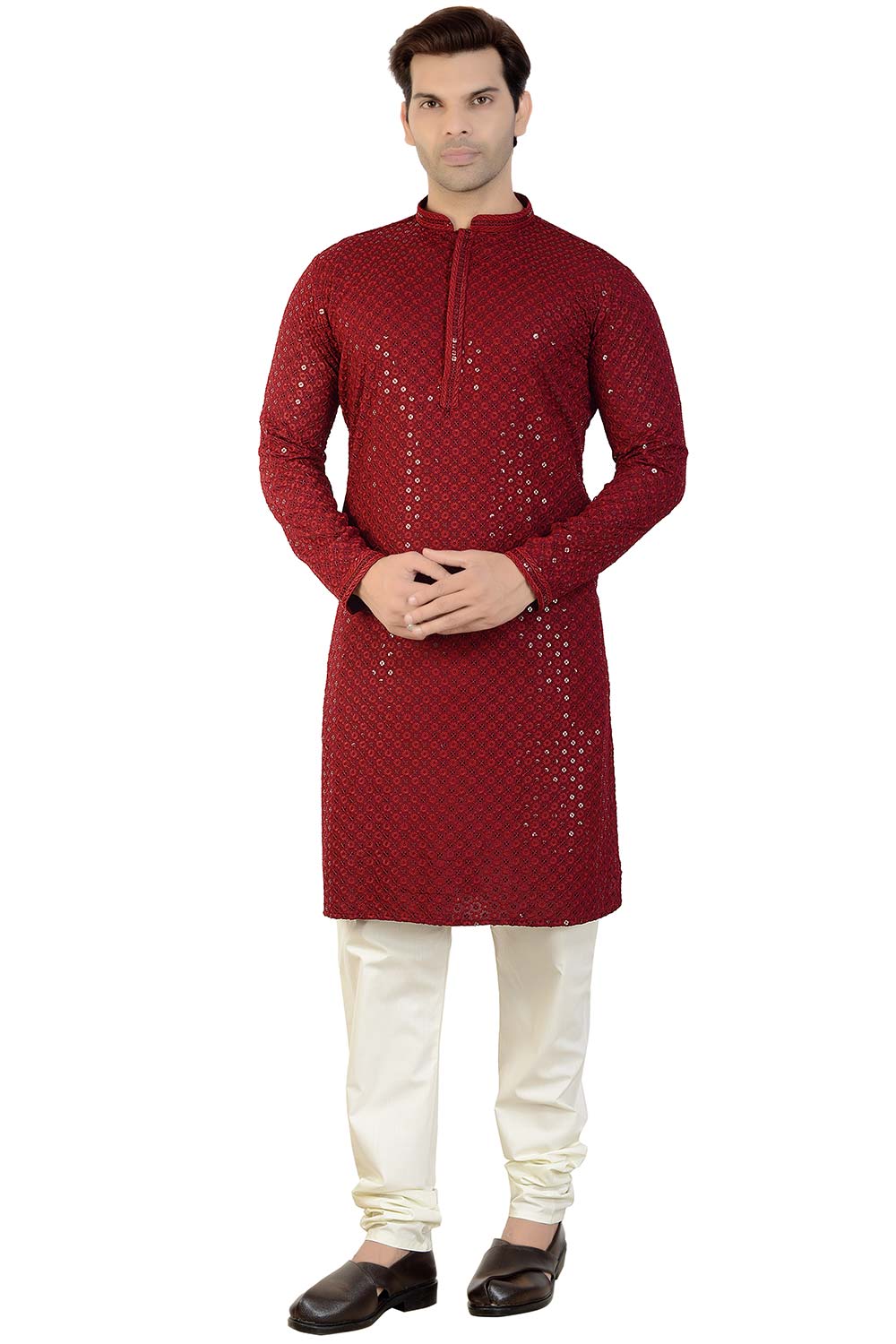 Buy Men's Rayon Cotton Sequin Embroidered Kurta Churidar in Maroon - Front