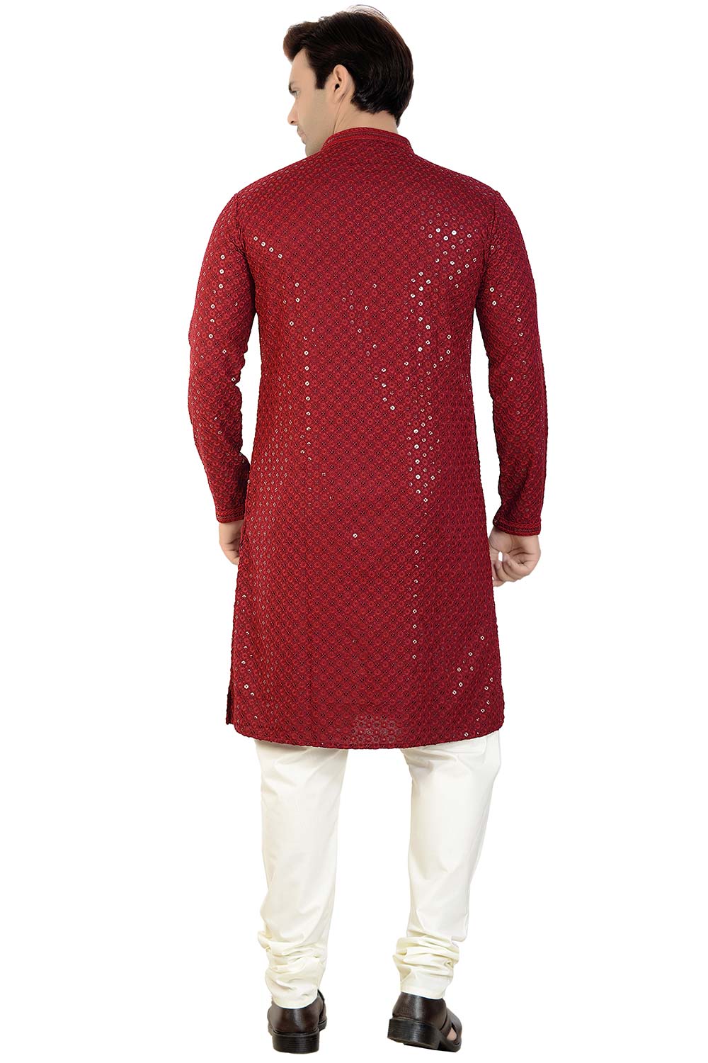 Buy Men's Rayon Cotton Sequin Embroidered Kurta Churidar in Maroon - Back