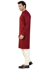 Buy Men's Rayon Cotton Sequin Embroidered Kurta Churidar in Maroon - Side