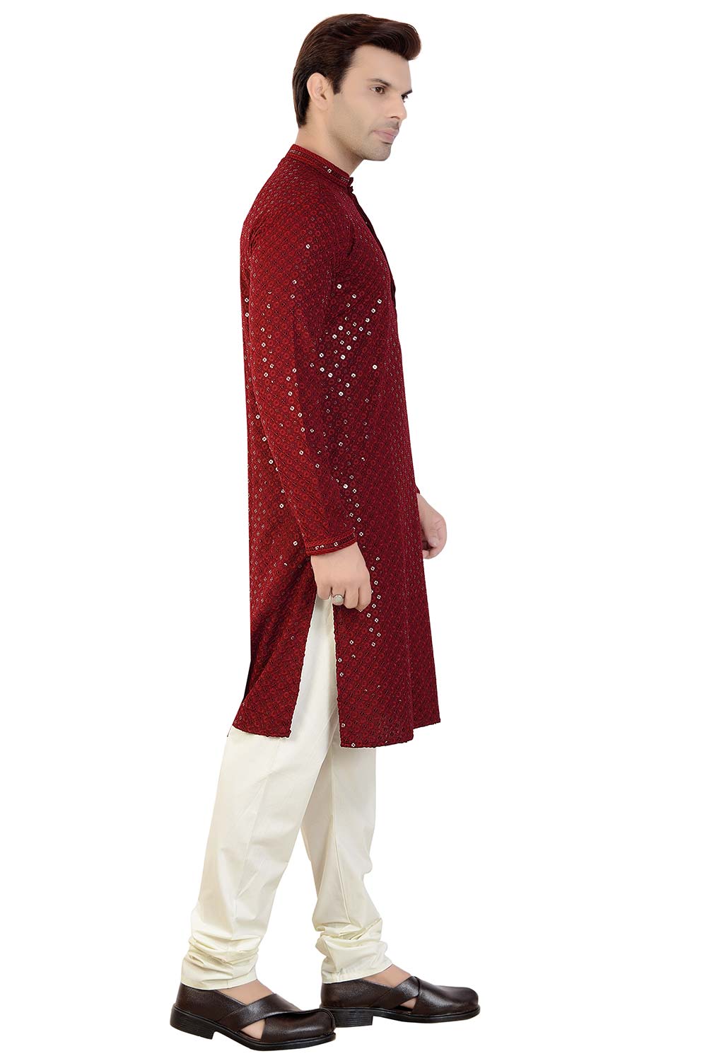 Buy Men's Rayon Cotton Sequin Embroidered Kurta Churidar in Maroon - Zoom In