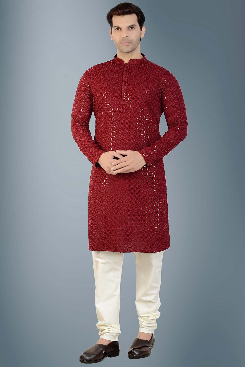 Buy Men's Rayon Cotton Sequin Embroidered Kurta Churidar in Maroon