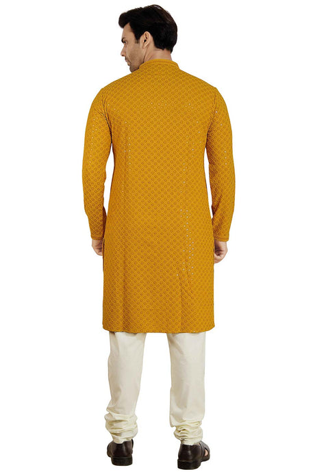 Men's Mustard Yellow Rayon Cotton Sequin Embroidery Kurta Pajama Set