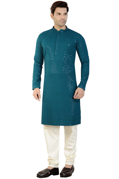 Buy Men's Rayon Cotton Sequin Embroidered Kurta Churidar in Peacock Blue - Front