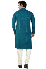 Buy Men's Rayon Cotton Sequin Embroidered Kurta Churidar in Peacock Blue - Back