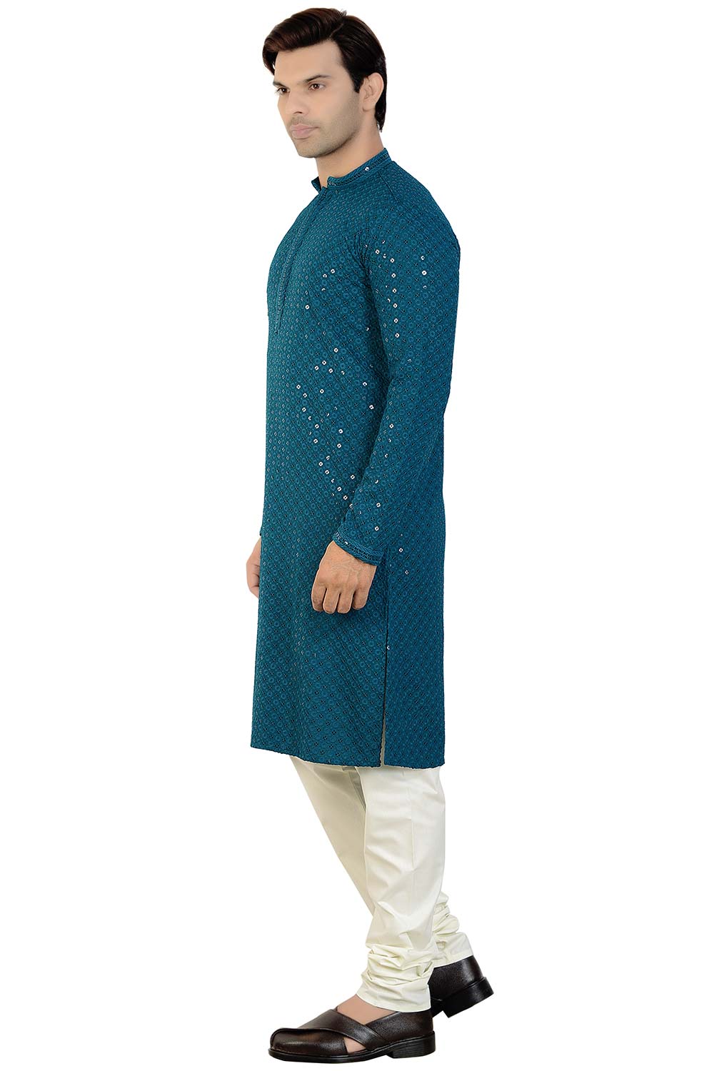 Buy Men's Rayon Cotton Sequin Embroidered Kurta Churidar in Peacock Blue - Side