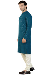 Buy Men's Rayon Cotton Sequin Embroidered Kurta Churidar in Peacock Blue - Side