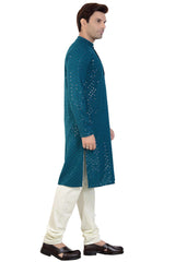 Buy Men's Rayon Cotton Sequin Embroidered Kurta Churidar in Peacock Blue - Zoom In