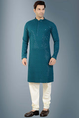 Buy Men's Rayon Cotton Sequin Embroidered Kurta Churidar in Peacock Blue