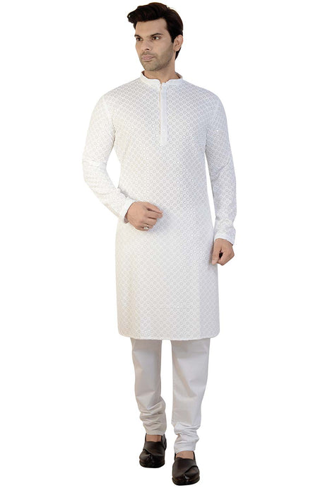 Buy Men's Rayon Cotton Sequin Embroidered Kurta Churidar in White - Front