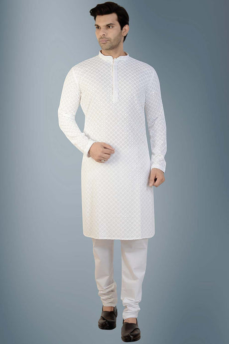 Buy Men's Rayon Cotton Sequin Embroidered Kurta Churidar in White