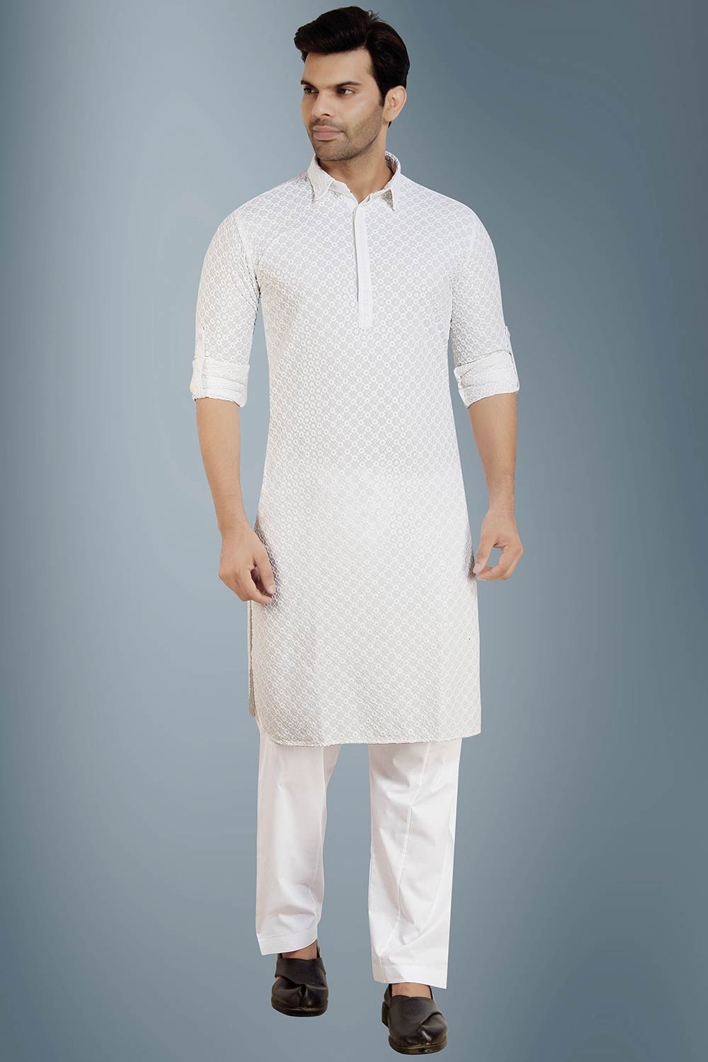 Men's White Rayon Embroidery Sequin Pathani Kurta Set