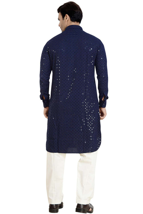 Men's Blue Rayon Embroidery Sequin Pathani Kurta Set