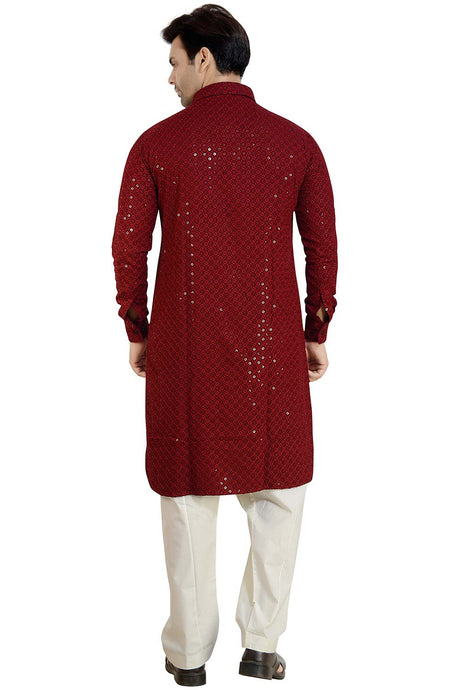 Men's Maroon Rayon Embroidery Sequin Pathani Kurta Set