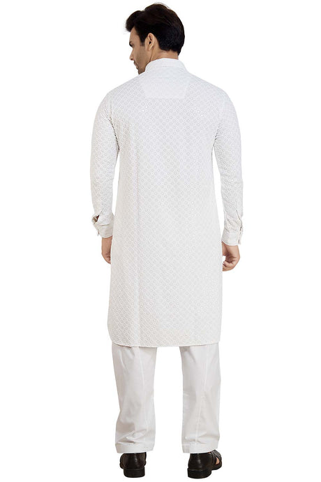 Men's White Rayon Embroidery Sequin Pathani Kurta Set