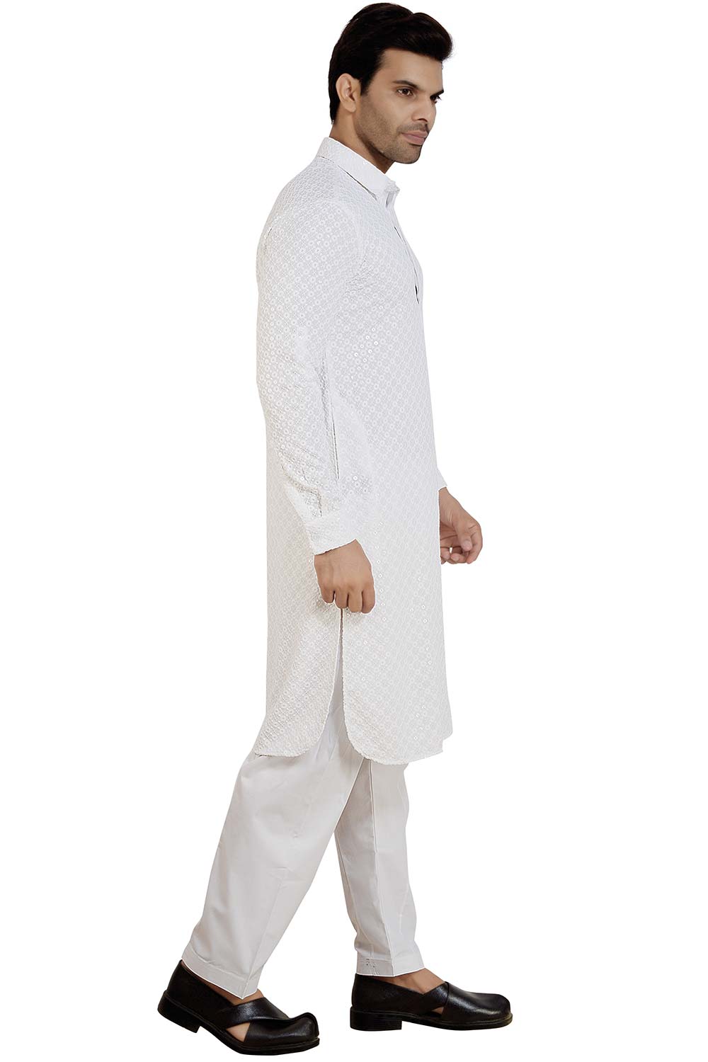 Men's White Rayon Embroidery Sequin Pathani Kurta Set