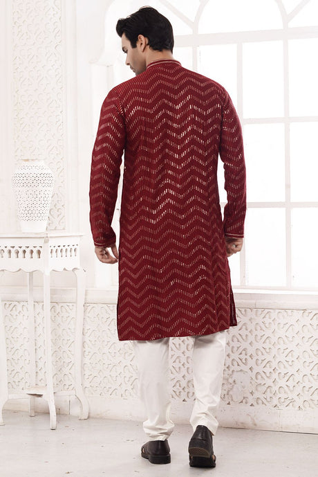 Maroon Rayon Embroidered Kurta Pyjama Set