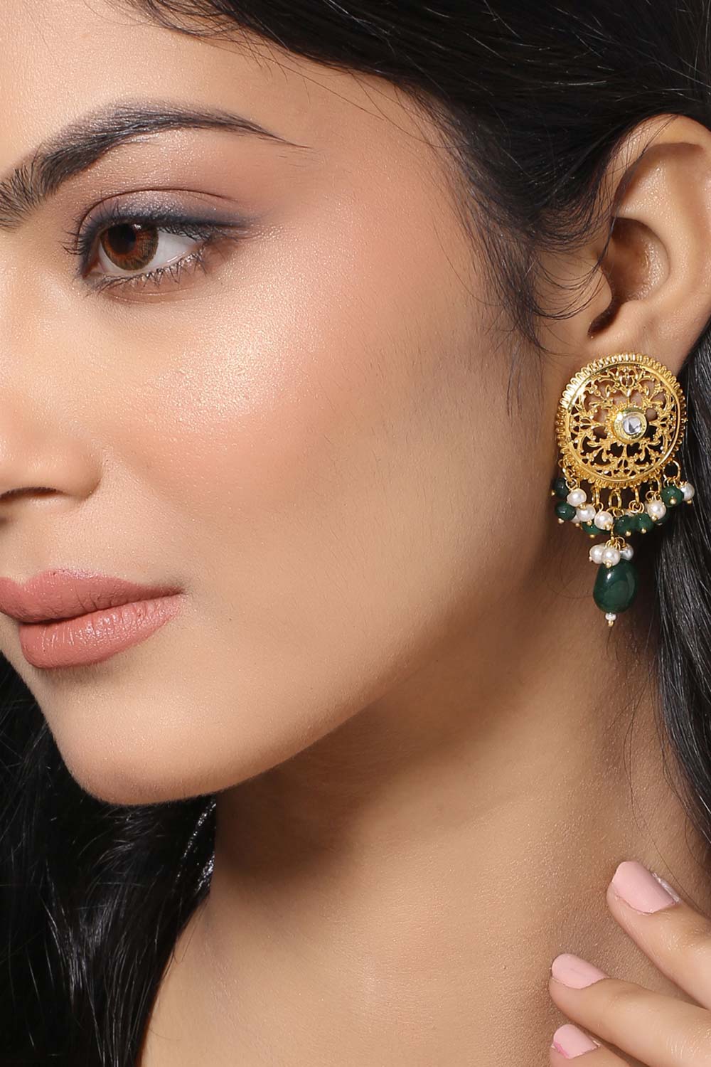 Buy Handcrafted Green Filigree Circular Earrings Online - Front