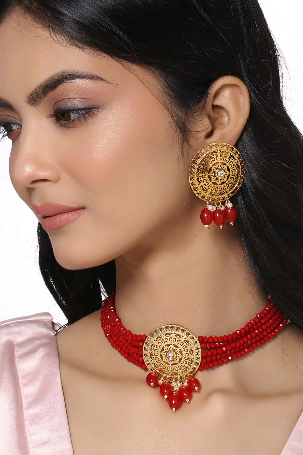 Buy Handcrafted Red Circular Filigree Choker Set Online - Front