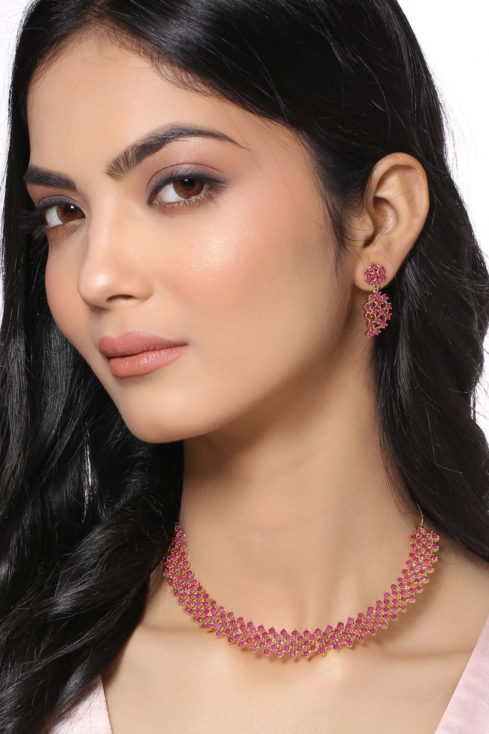 Buy Pink Stone Studded Jewellery Set. Online - Front