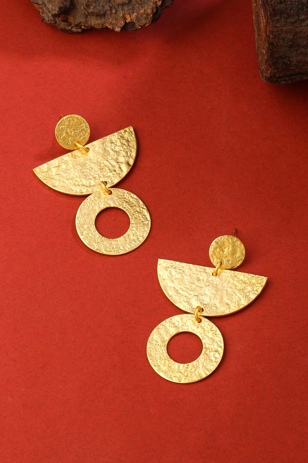 Buy Handcrafted Gold Contemporary Textured Drop Earrings Online - Side
