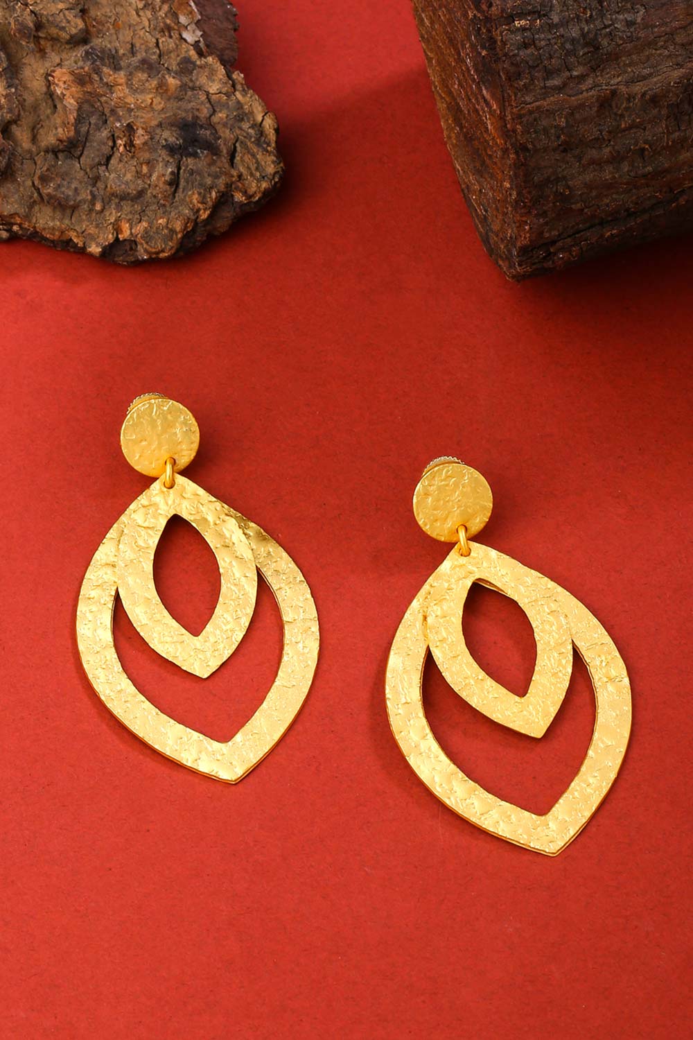 Buy Handcrafted Gold Contemporary Leaf Shaped Drop Earrings Online - Side