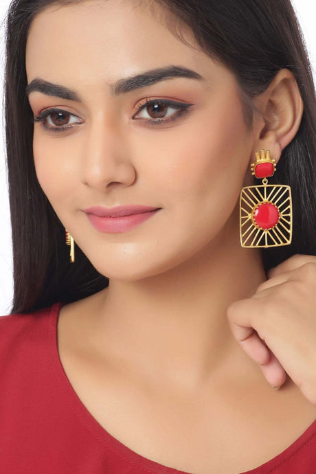 Buy Gold And Red Contemporary Drop Earrings Online - Front