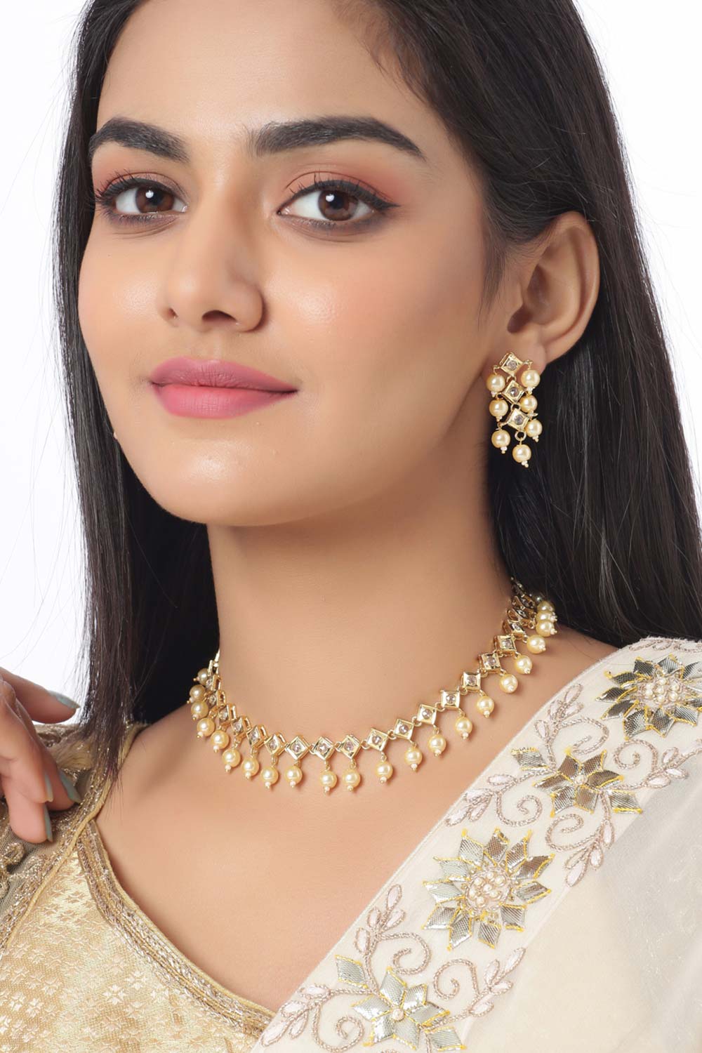 Buy Gold Toned Pearl Handcrafted Jadau Jewellery Set Online - Front