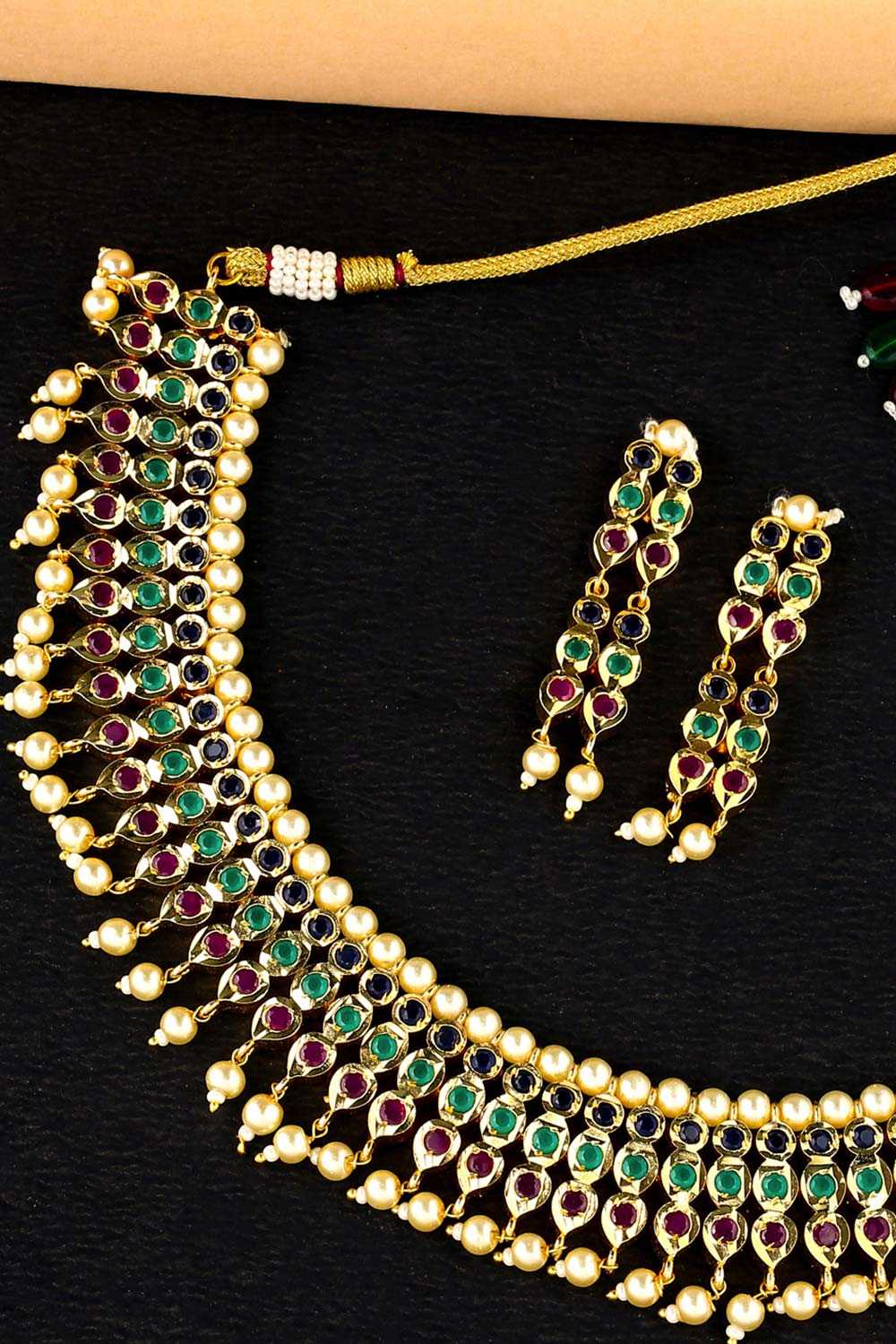 Buy Gold Toned And Multi Color Handcrafted Jadau Jewellery Set Online