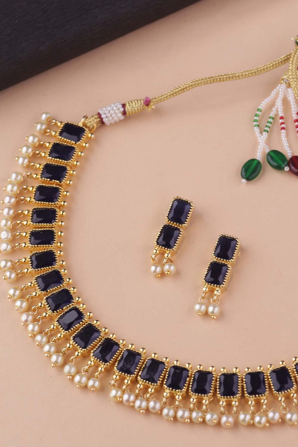 Buy Gold Toned And Dark Blue Stone-Studded Jewellery Set Online