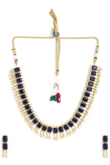 Buy Gold Toned And Dark Blue Stone-Studded Jewellery Set Online - Side
