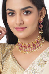 Buy Gold Toned And Pink Stone-Studded Jewellery Set Online - Front
