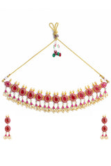 Buy Gold Toned And Pink Stone-Studded Jewellery Set Online - Side