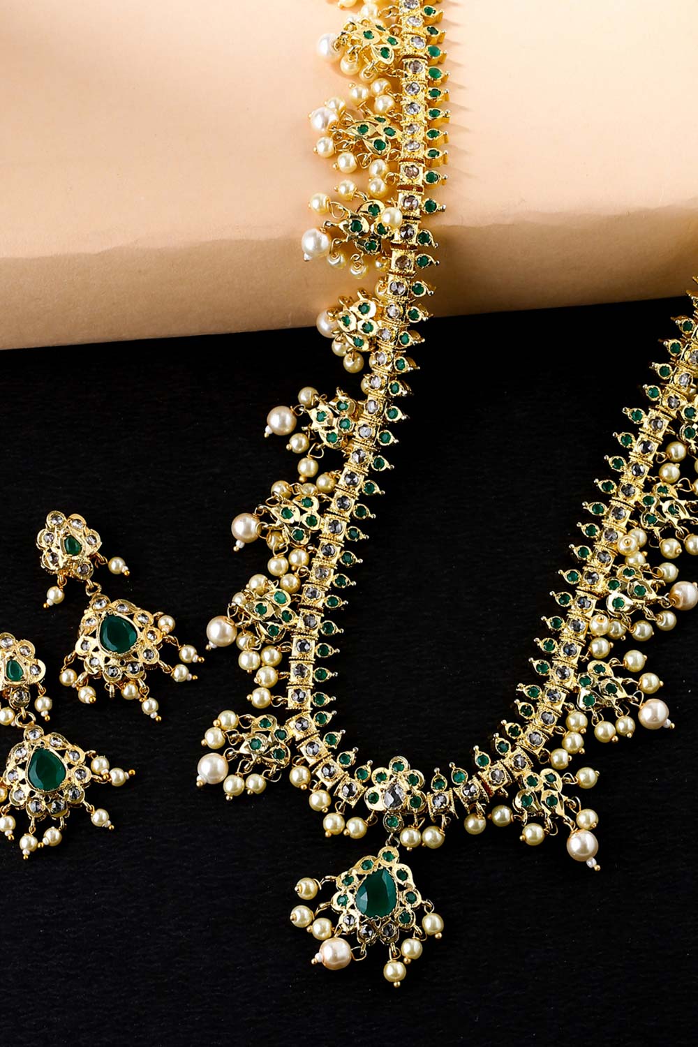 Buy Gold Toned And Green Color Handcrafted Jadau Jewellery Set Online