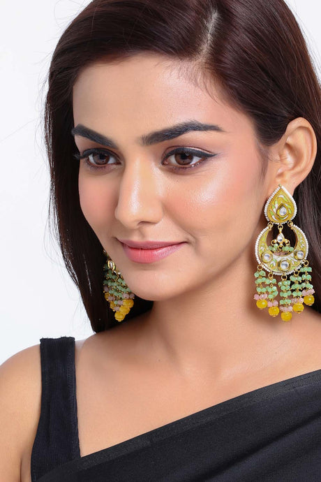 Buy Yellow Meenkari And Kundan Stone Studded Handcrafted Chandbali Online - Front