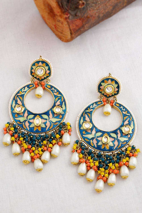 Buy Blue And Yellow Kundan Studded Handcrafted Enamelled Pearl Beaded Chandbali Online