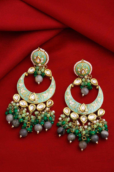 Buy Green And Grey Enamelled Kundan Studded Handcrafted Chandbali With Beads And Pearl Piroyi Online