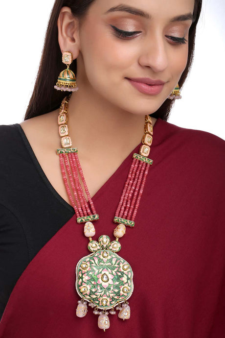 Buy Green And Pink Meenakari Rani Haar Jewellery Set Online - Front