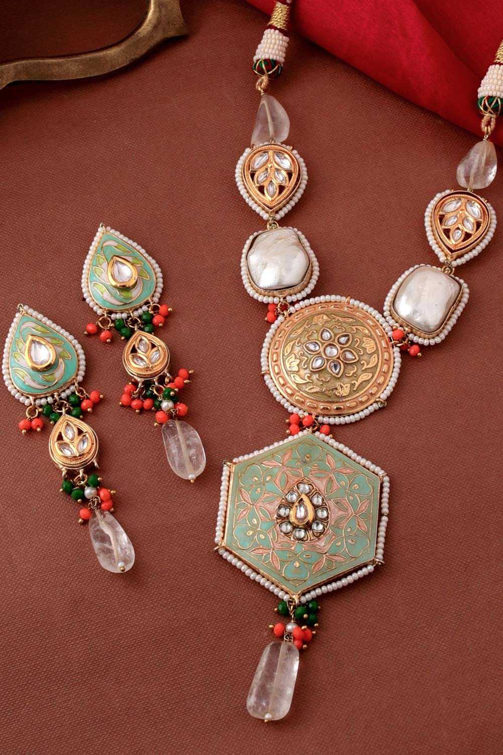 Buy Sea Green And Handcrafted Meenakari Kundan Studded Jewellery Set Online