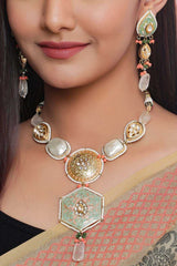 Buy Sea Green And Handcrafted Meenakari Kundan Studded Jewellery Set Online - Front