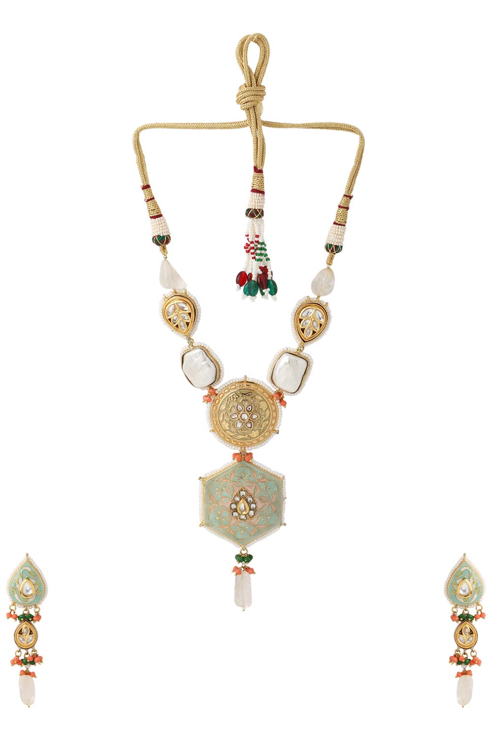 Buy Sea Green And Handcrafted Meenakari Kundan Studded Jewellery Set Online - Side