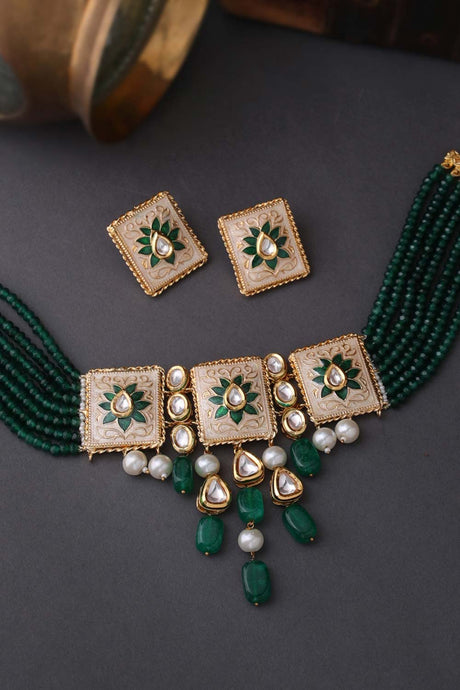 Buy Green Handcrafted Kundan Studded Meenakari Choker Jewellery Set Online