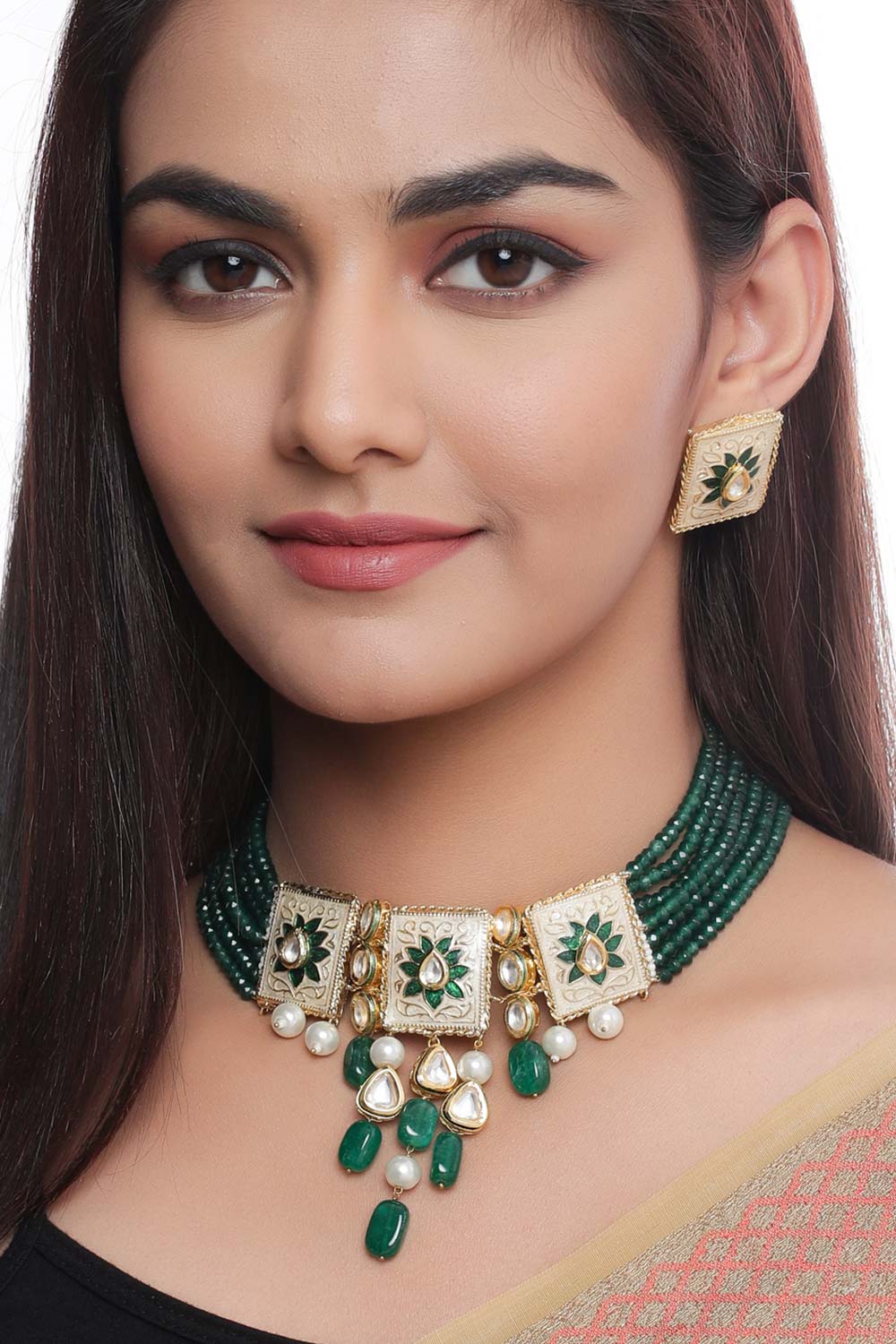 Buy Green Handcrafted Kundan Studded Meenakari Choker Jewellery Set Online - Front