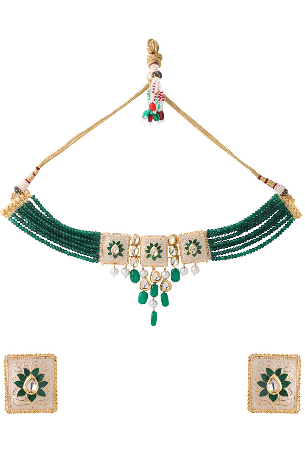 Buy Green Handcrafted Kundan Studded Meenakari Choker Jewellery Set Online - Side