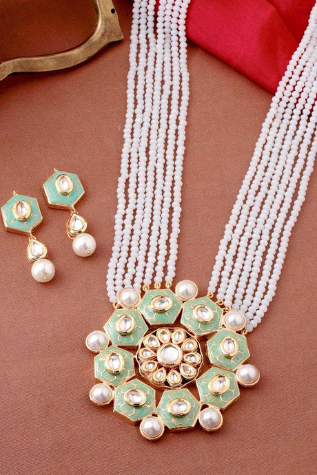 Buy Pastel Green And White Meenakari Kundan Studded Jewellery Set Online