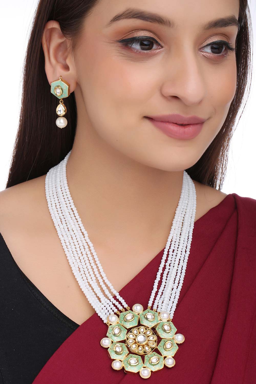 Buy Pastel Green And White Meenakari Kundan Studded Jewellery Set Online - Front