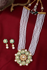 Buy Pastel Green And White Meenakari Kundan Studded Jewellery Set Online - Back